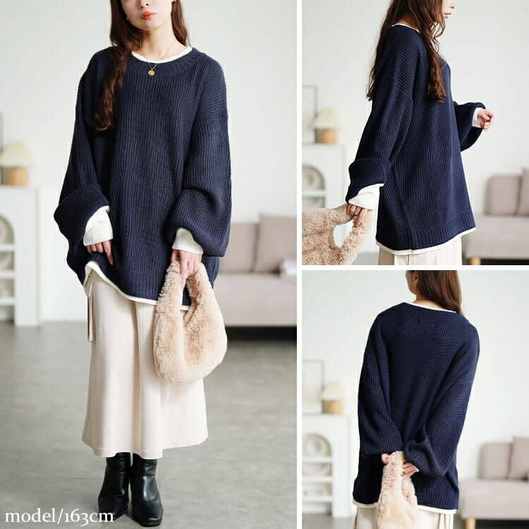 大きいサイズ レディース 配色切り替え畦編みニットチュニック　maru-20019