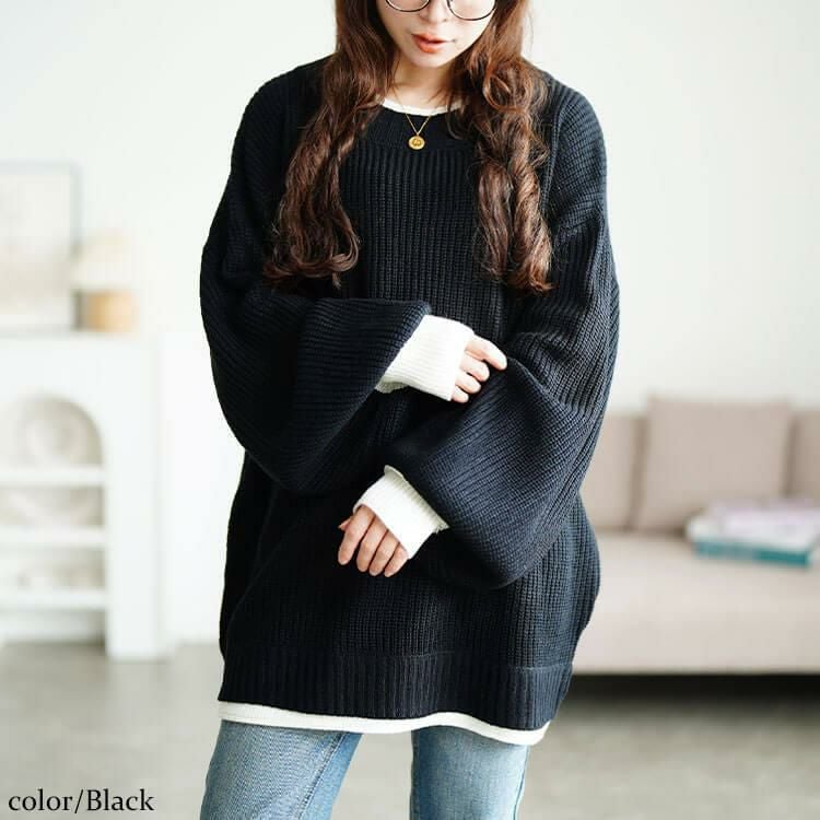 大きいサイズ レディース 配色切り替え畦編みニットチュニック　maru-20019 ブラック