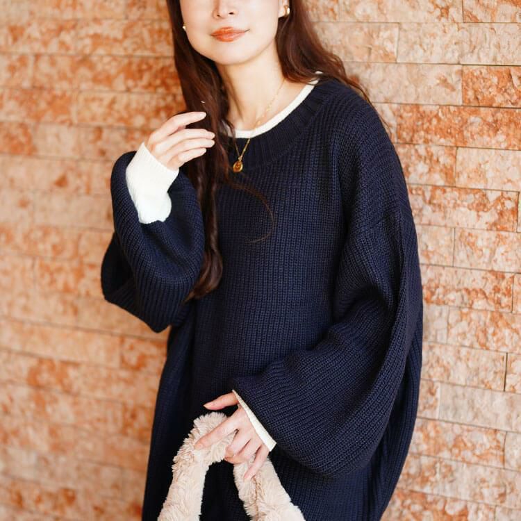 大きいサイズ レディース 配色切り替え畦編みニットチュニック　maru-20019 ダークブルー