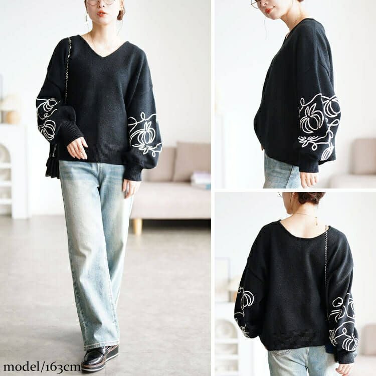 大きいサイズ レディース 刺繍ボリュームスリーブクロップドニット　maru-20018