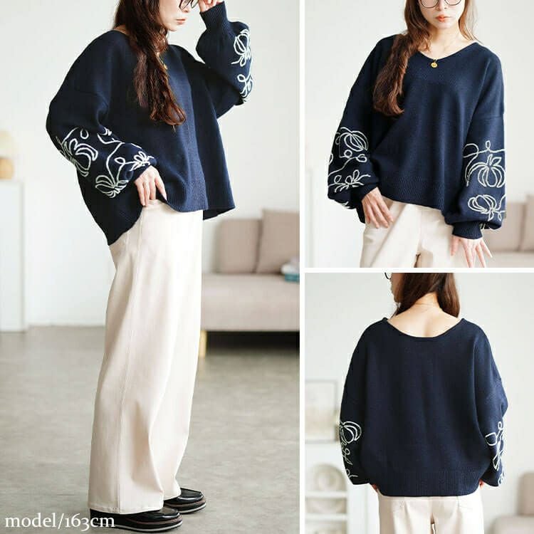 大きいサイズ レディース 刺繍ボリュームスリーブクロップドニット　maru-20018