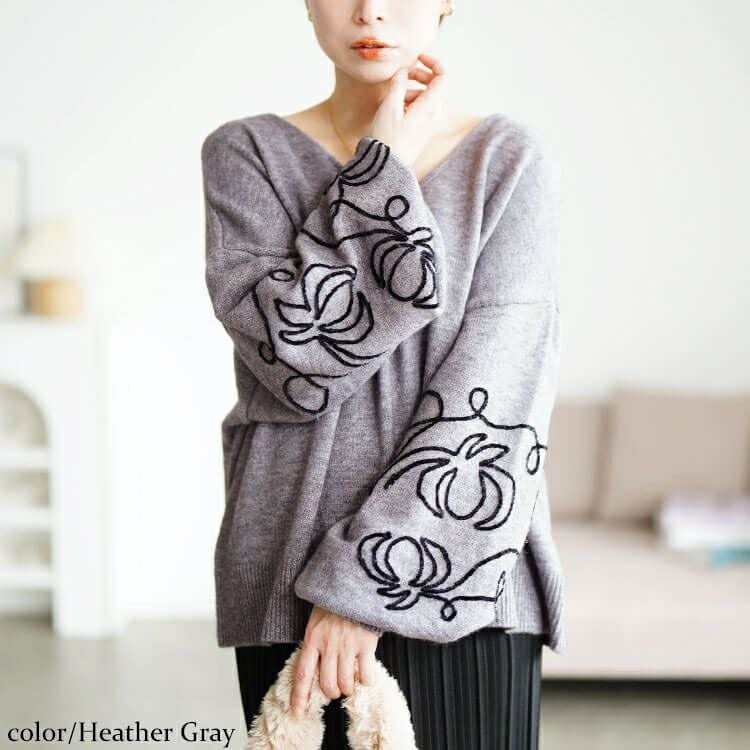 大きいサイズ レディース 刺繍ボリュームスリーブクロップドニット　maru-20018