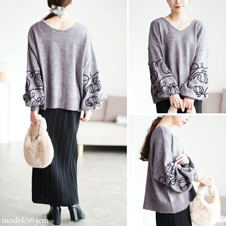 大きいサイズ レディース 刺繍ボリュームスリーブクロップドニット　maru-20018