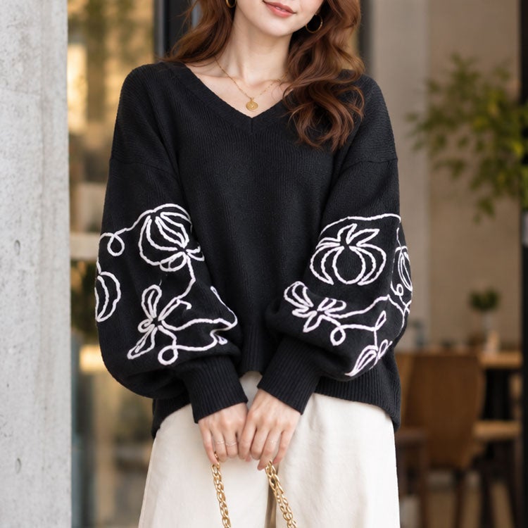 大きいサイズ レディース 刺繍ボリュームスリーブクロップドニット　maru-20018 ブラック