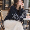 大きいサイズ レディース 刺繍ボリュームスリーブクロップドニット　maru-20018 ネイビー