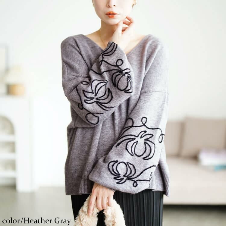 大きいサイズ レディース 刺繍ボリュームスリーブクロップドニット　maru-20018 杢グレー