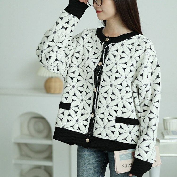 大きいサイズ レディース 花柄ジャガードクロップドカーディガン　maru-20017