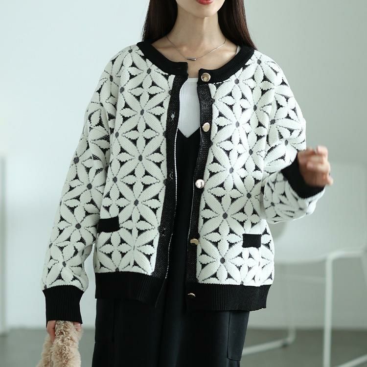 大きいサイズ レディース 花柄ジャガードクロップドカーディガン　maru-20017 ブラック