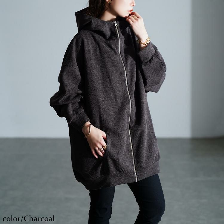 大きいサイズ レディース ビッグフードジップパーカー　sw-0835 チャコール