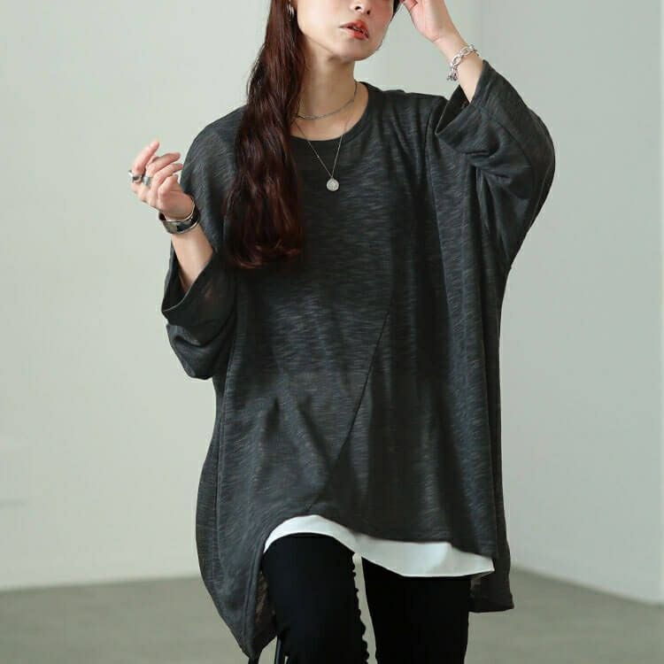 大きいサイズ レディース 斜め切り替えオーバーサイズニットソーチュニック　sw-0829 【メール便可】