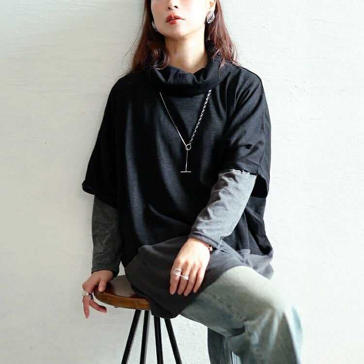 大きいサイズ レディース 静電気防止オフタートル配色切り替えドルマン＆ロンT2点セット　cast-5558008