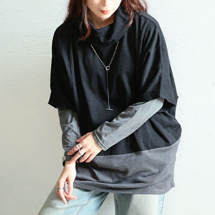 大きいサイズ レディース 静電気防止オフタートル配色切り替えドルマン＆ロンT2点セット　cast-5558008