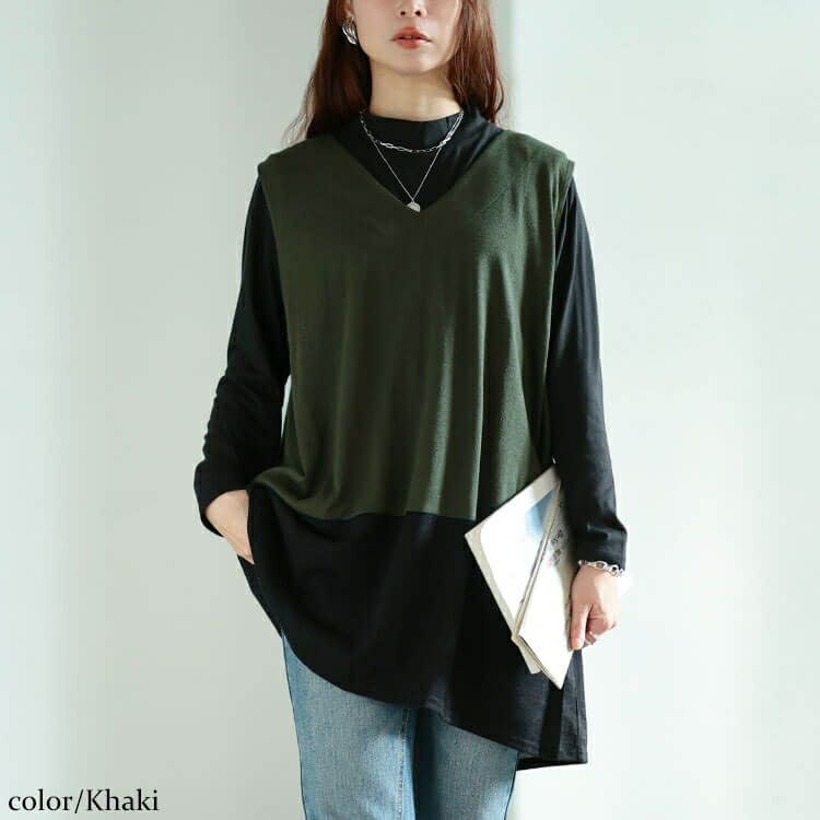 大きいサイズ レディース 静電気防止配色切り替えロングベスト＆ミニハイネックロンT2点セット　cast-5558007