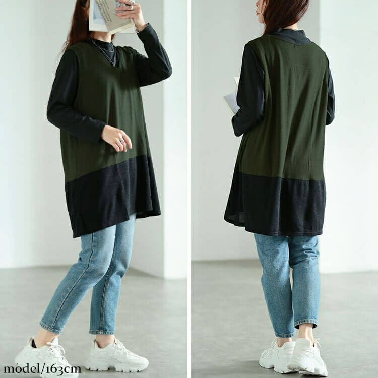 大きいサイズ レディース 静電気防止配色切り替えロングベスト＆ミニハイネックロンT2点セット　cast-5558007