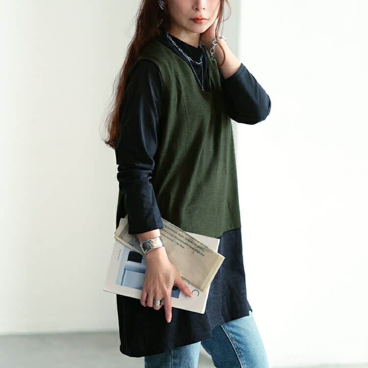 大きいサイズ レディース 静電気防止配色切り替えロングベスト＆ミニハイネックロンT2点セット　cast-5558007