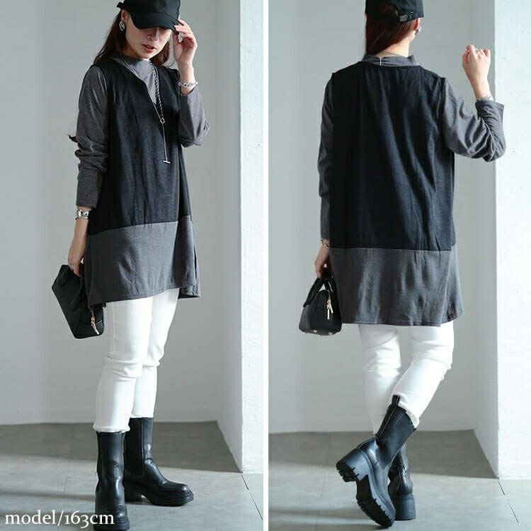 大きいサイズ レディース 静電気防止配色切り替えロングベスト＆ミニハイネックロンT2点セット　cast-5558007