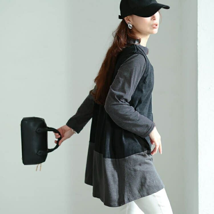 大きいサイズ レディース 静電気防止配色切り替えロングベスト＆ミニハイネックロンT2点セット　cast-5558007