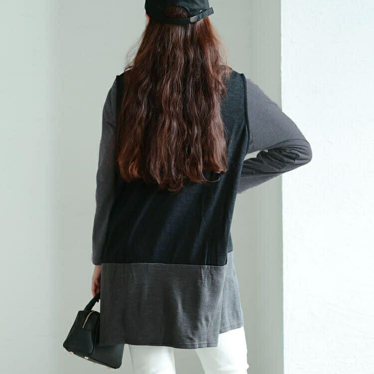 大きいサイズ レディース 静電気防止配色切り替えロングベスト＆ミニハイネックロンT2点セット　cast-5558007