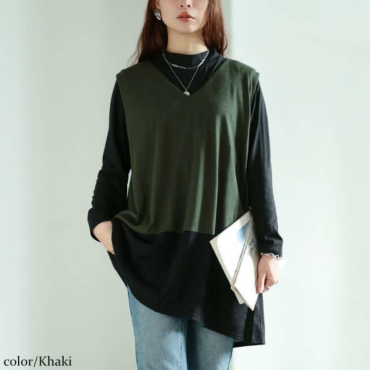 大きいサイズ レディース 静電気防止配色切り替えロングベスト＆ミニハイネックロンT2点セット　cast-5558007 カーキ