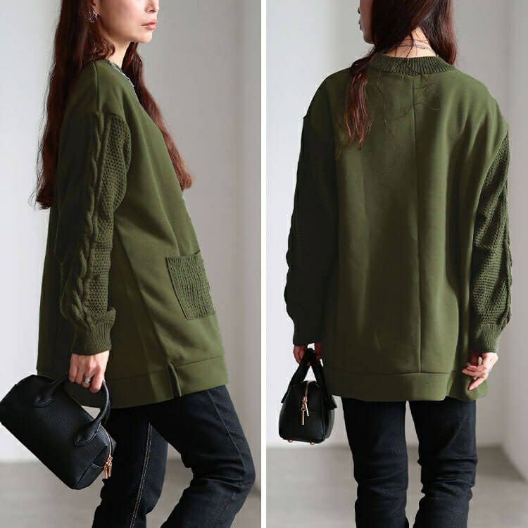 大きいサイズ レディース 裏起毛ニット切り替えプルオーバー　cast-5558000