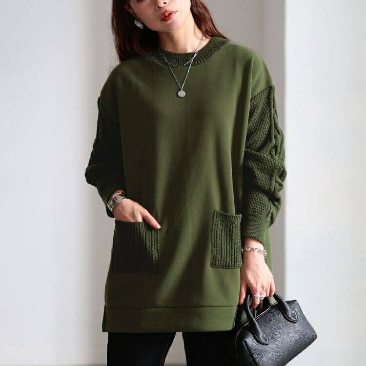 大きいサイズ レディース 裏起毛ニット切り替えプルオーバー　cast-5558000