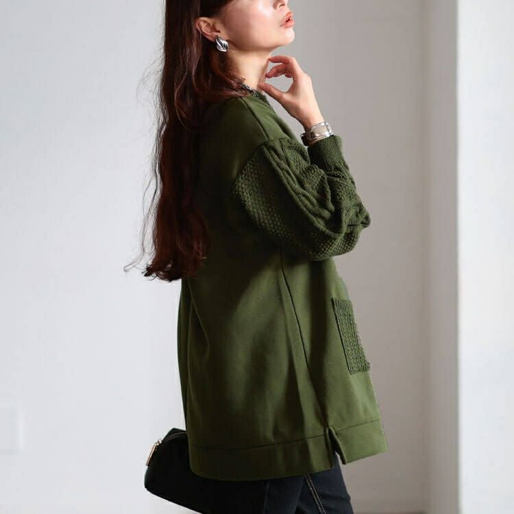 大きいサイズ レディース 裏起毛ニット切り替えプルオーバー　cast-5558000