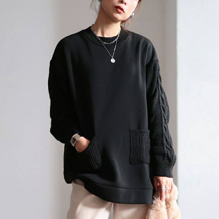 大きいサイズ レディース 裏起毛ニット切り替えプルオーバー　cast-5558000