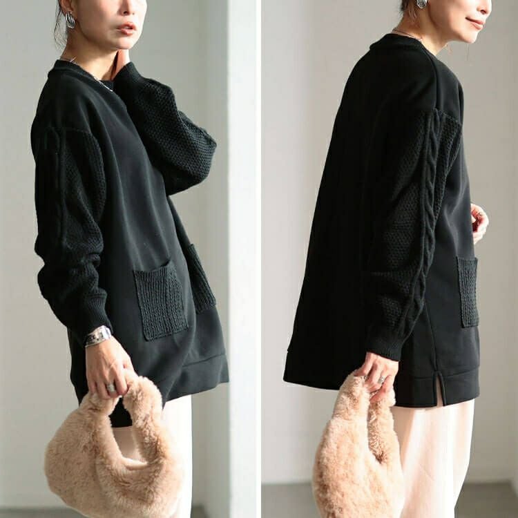 大きいサイズ レディース 裏起毛ニット切り替えプルオーバー　cast-5558000
