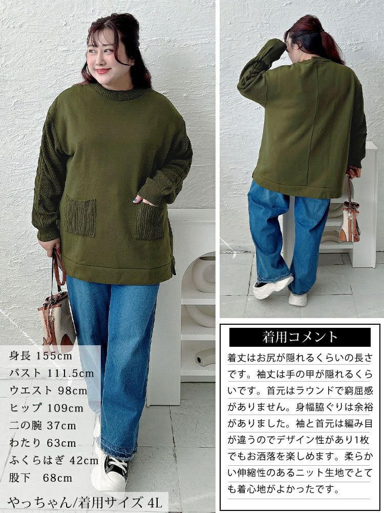 大きいサイズ レディース 裏起毛ニット切り替えプルオーバー　cast-5558000