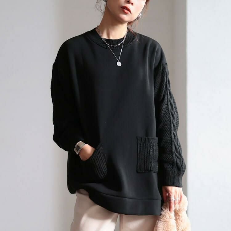 大きいサイズ レディース 裏起毛ニット切り替えプルオーバー　cast-5558000 ブラック