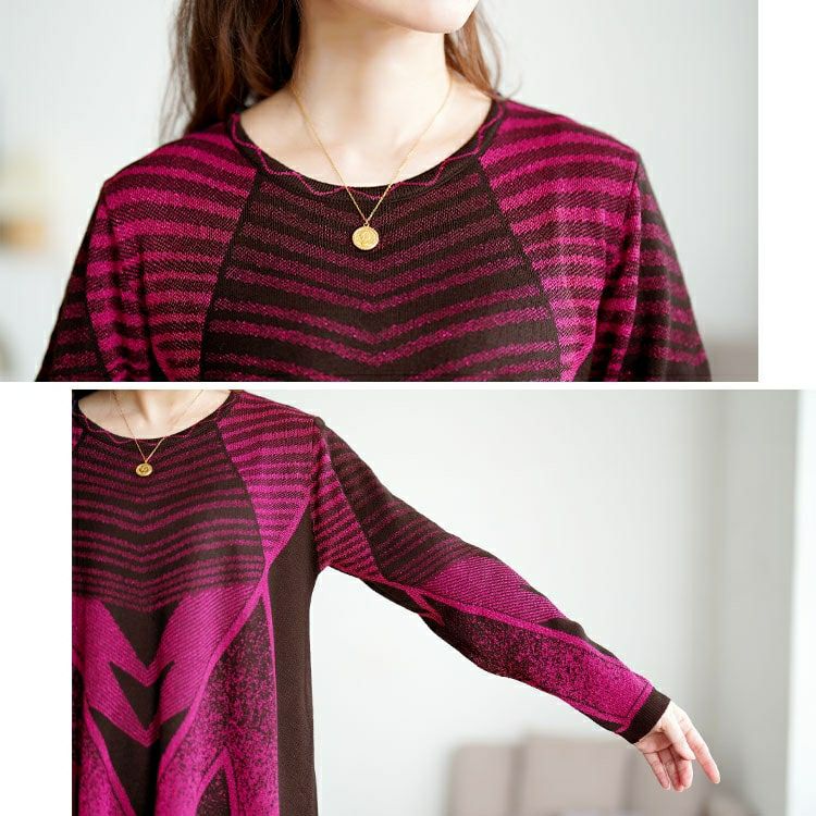 大きいサイズ レディース 幾何学模様ラメジャガードニットチュニック　goldy-1769