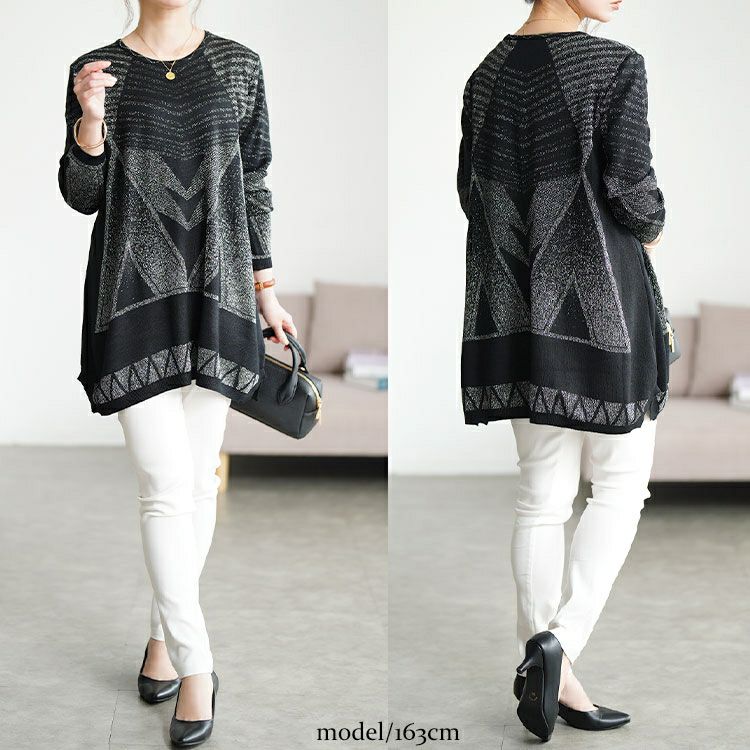 大きいサイズ レディース 幾何学模様ラメジャガードニットチュニック　goldy-1769
