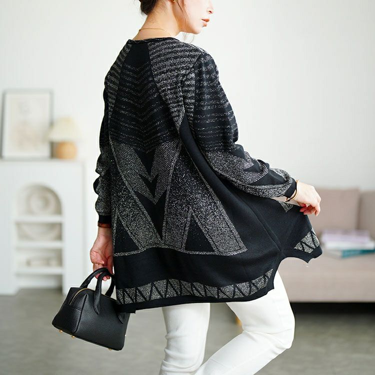 大きいサイズ レディース 幾何学模様ラメジャガードニットチュニック　goldy-1769