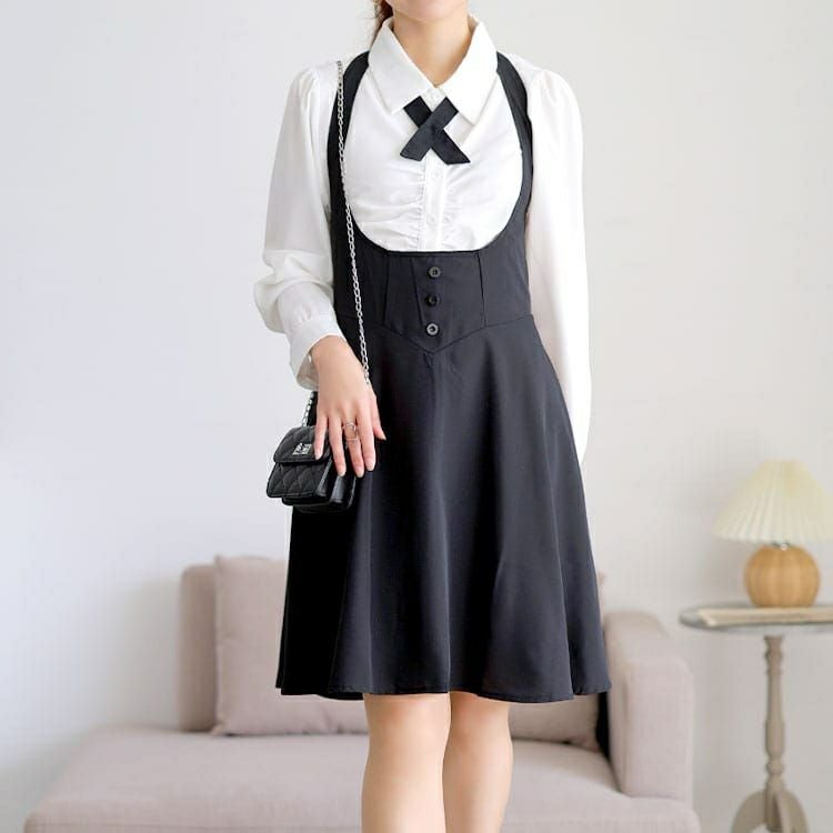 大きいサイズ レディース タックブラウス＆首掛けフレアスカートセットアップ　goldy-1748