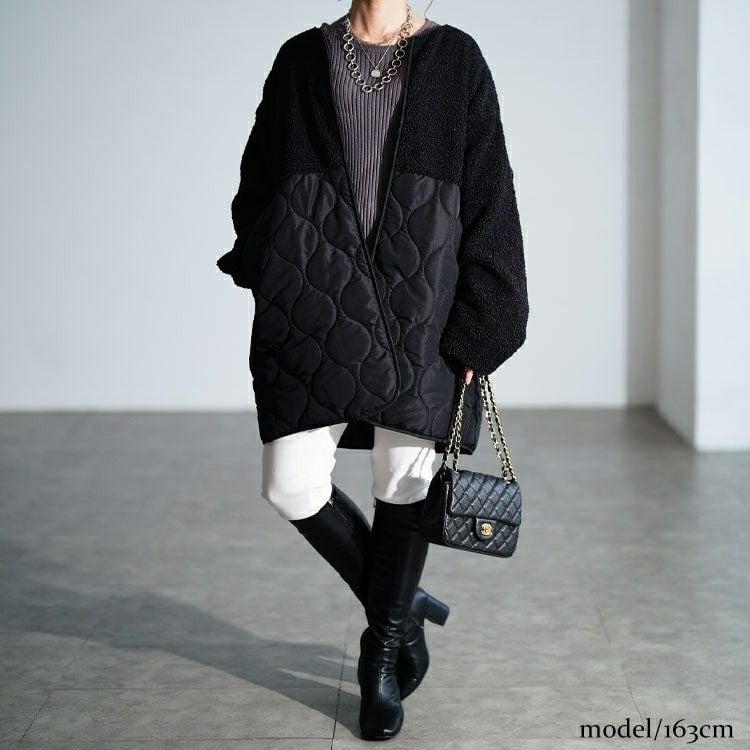 大きいサイズ レディース ボア切り替えキルティングノーカラーコート　tog-1039