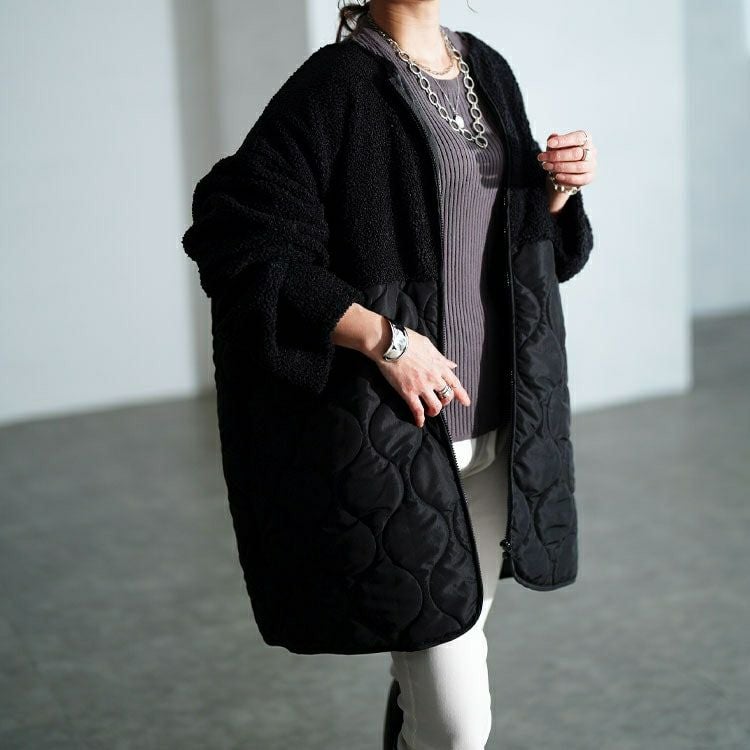大きいサイズ レディース ボア切り替えキルティングノーカラーコート　tog-1039