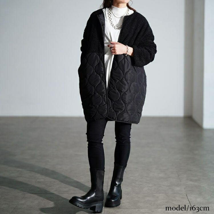 大きいサイズ レディース ボア切り替えキルティングノーカラーコート　tog-1039