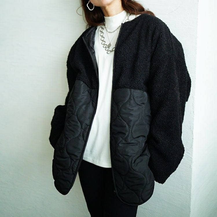 大きいサイズ レディース ボア切り替えキルティングノーカラーコート　tog-1039