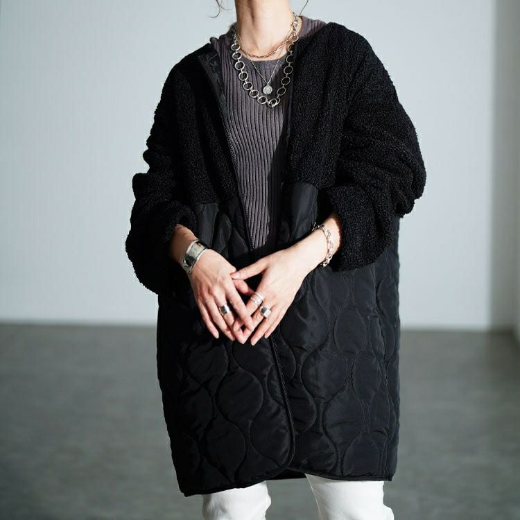 大きいサイズ レディース ボア切り替えキルティングノーカラーコート　tog-1039