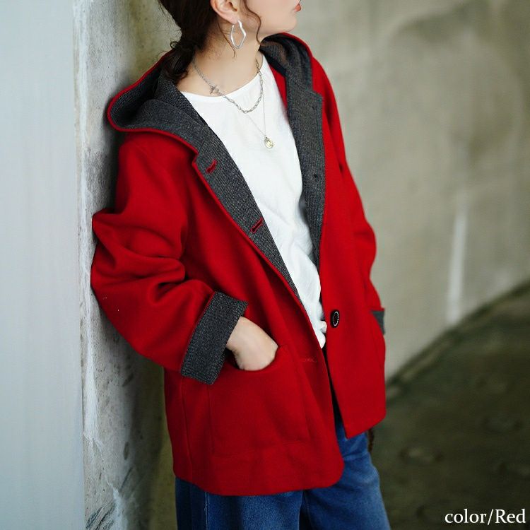 大きいサイズ レディース 裏配色ニットフード付きコート　tog-1058