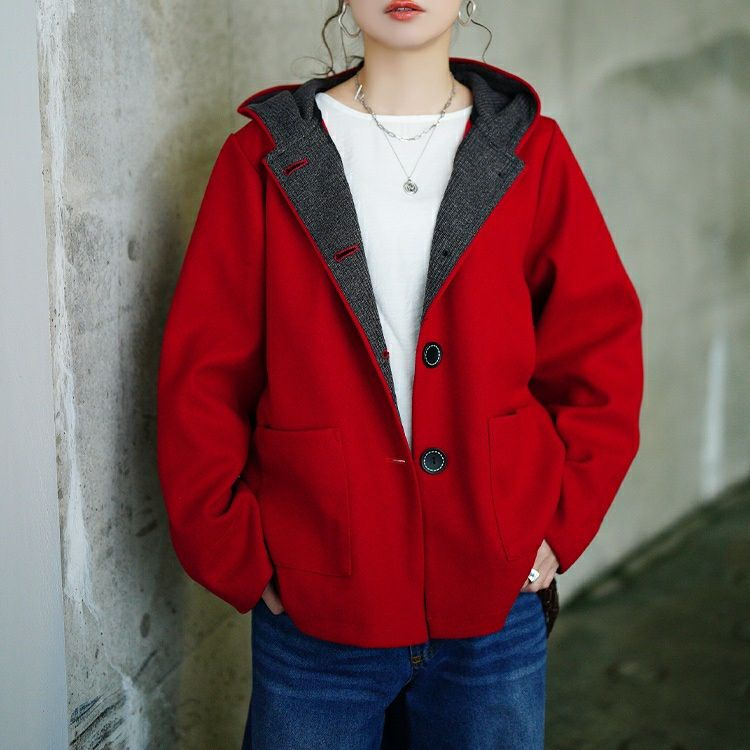 大きいサイズ レディース 裏配色ニットフード付きコート　tog-1058