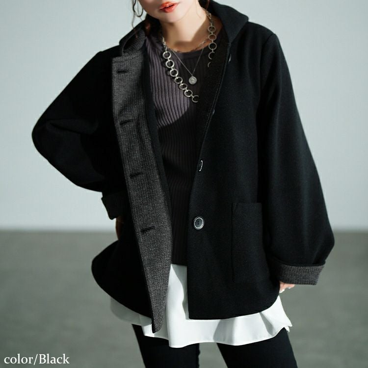 大きいサイズ レディース 裏配色ニットフード付きコート　tog-1058