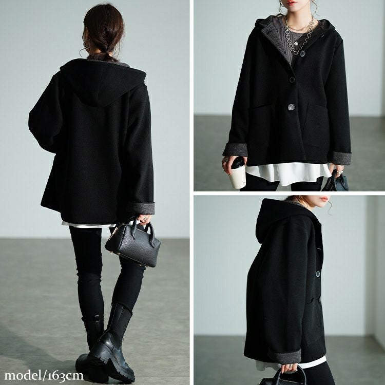 大きいサイズ レディース 裏配色ニットフード付きコート　tog-1058