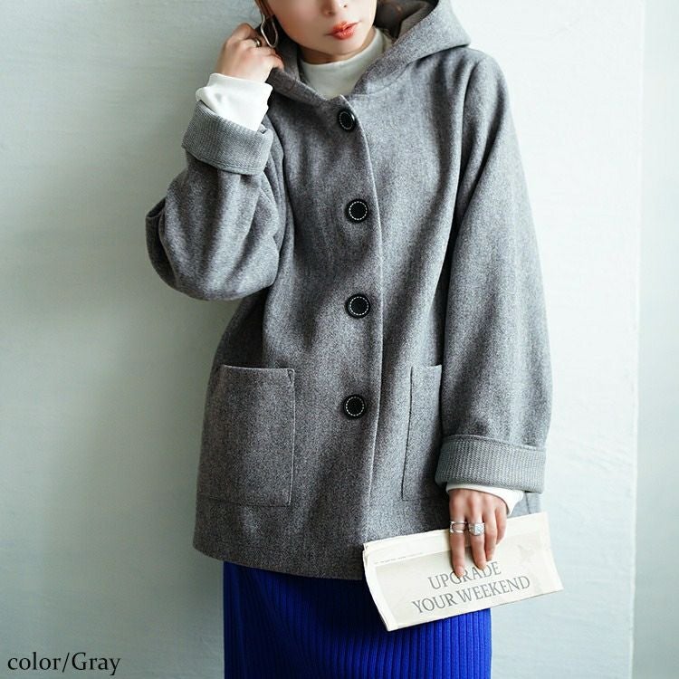 大きいサイズ レディース 裏配色ニットフード付きコート　tog-1058