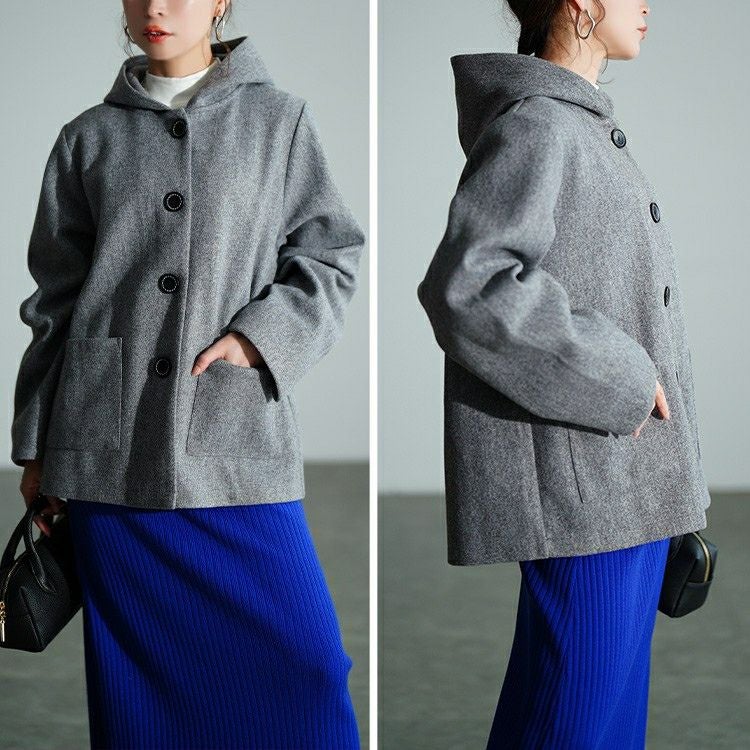 大きいサイズ レディース 裏配色ニットフード付きコート　tog-1058