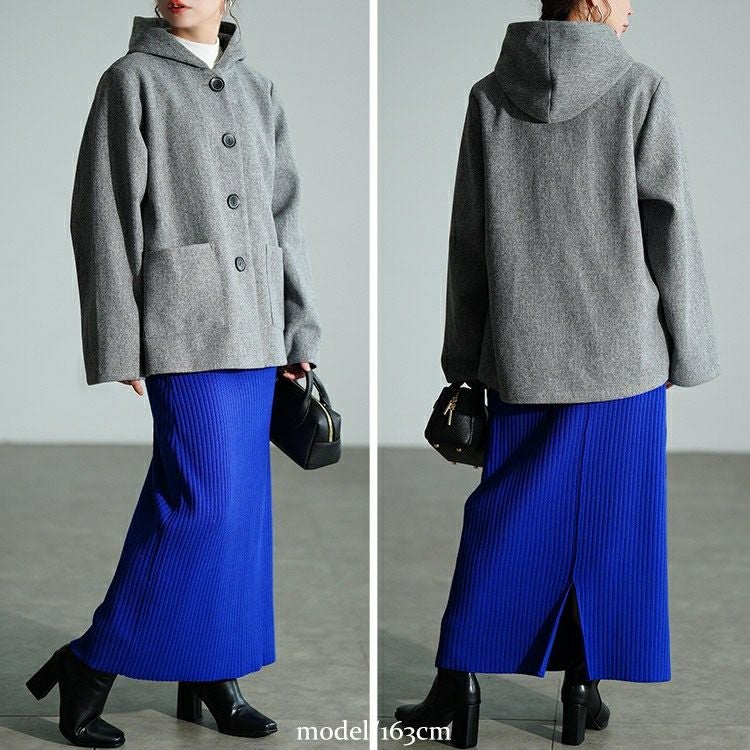 大きいサイズ レディース 裏配色ニットフード付きコート　tog-1058