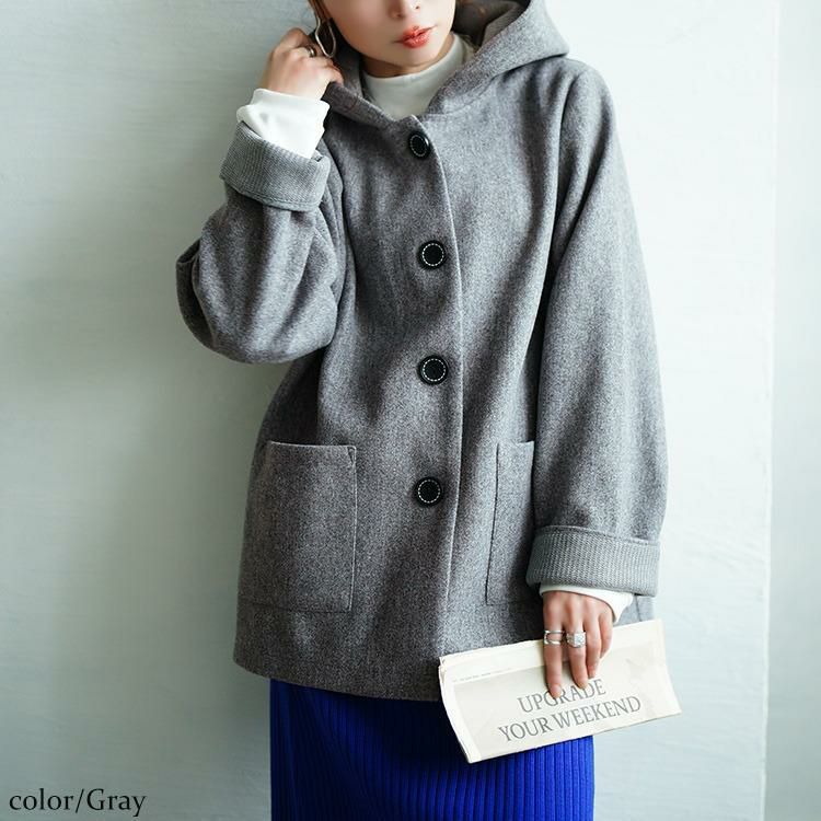 大きいサイズ レディース 裏配色ニットフード付きコート　tog-1058 グレー