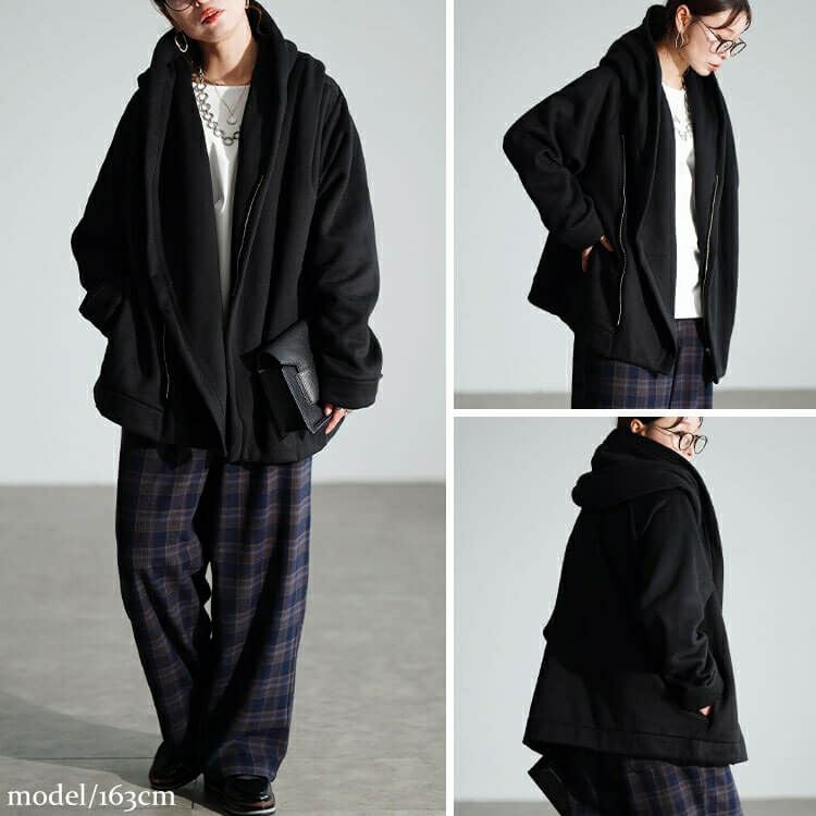 大きいサイズ レディース ビッグフードアシメZIPコート　sw-0818