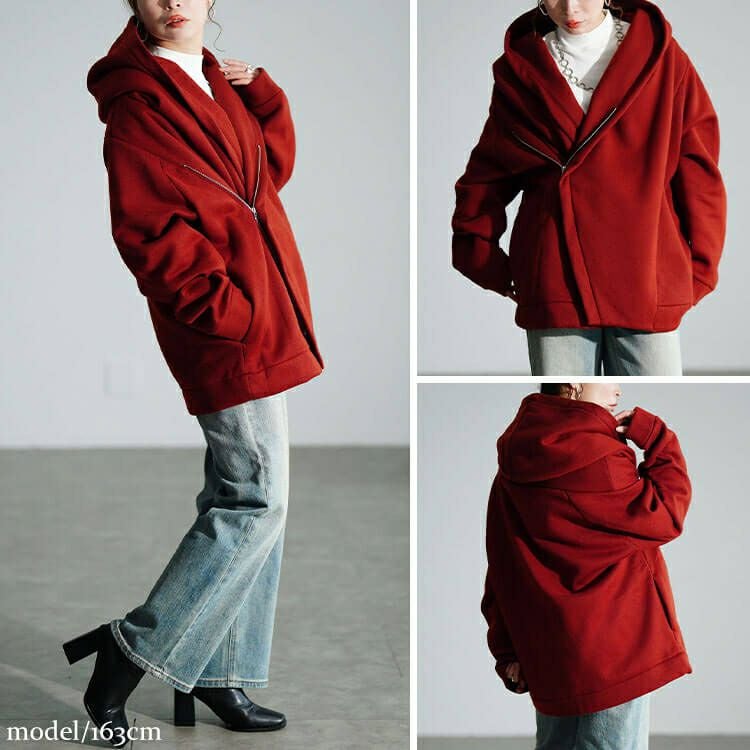 大きいサイズ レディース ビッグフードアシメZIPコート　sw-0818
