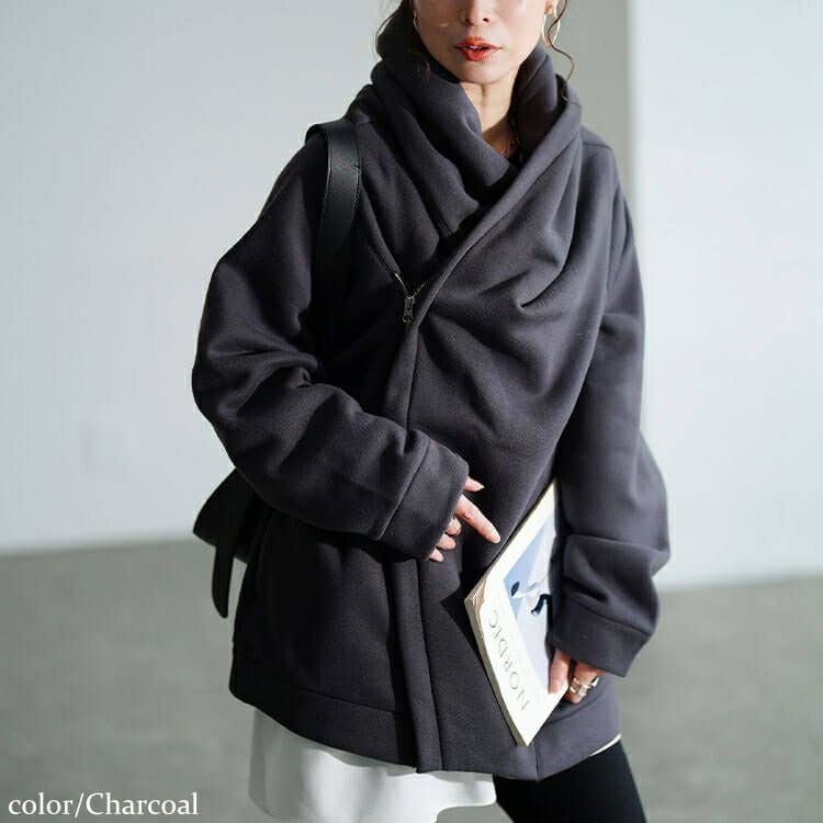 大きいサイズ レディース ビッグフードアシメZIPコート　sw-0818